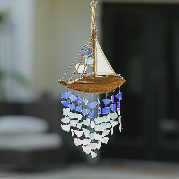 Driftwood Boat Windchime - Multi Color Recycled Glass