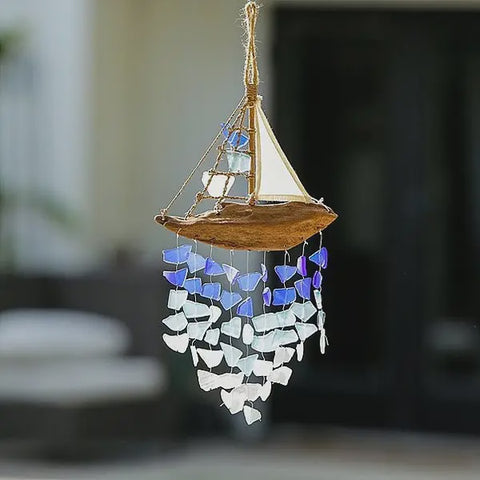 Driftwood Boat Windchime - Multi Color Recycled Glass